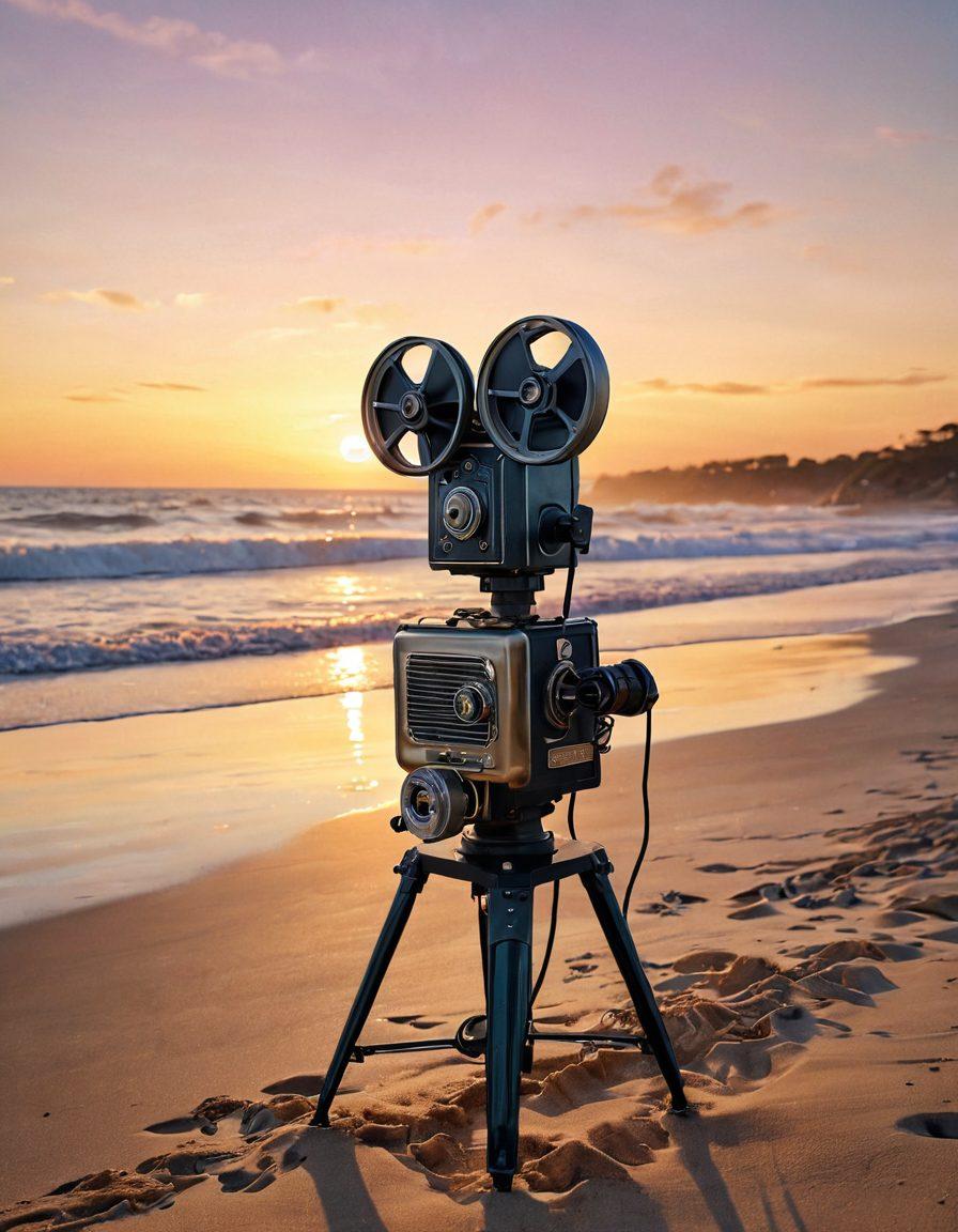 A serene beach scene at sunset, with waves gently crashing against the shore. In the foreground, a collection of vintage bikini swimwear hangs on a line, each piece telling a story of nostalgic beach days. Silhouetted figures of people at the water's edge engage in reflective moments, evoking a melancholic yet beautiful atmosphere. The sky is painted in soft pastel colors, blending into the shimmering sea. A vintage film projector sits on the sand, casting flickering images of classic beach films. super-realistic. warm pastel tones. cinematic ambiance.
